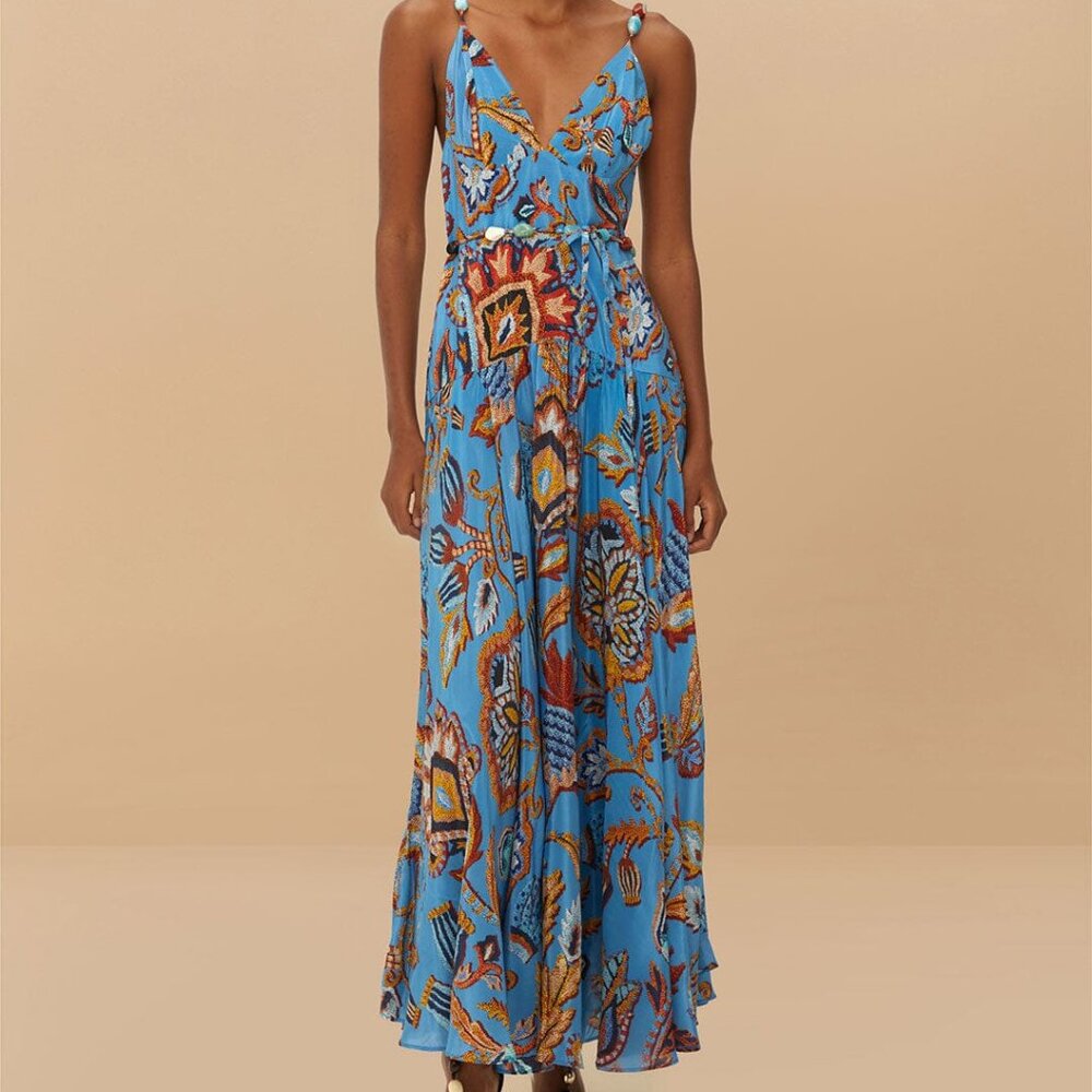 NWT FARM Rio Blue Sunset Tapestry Sleeveless Midi Dress Size L
